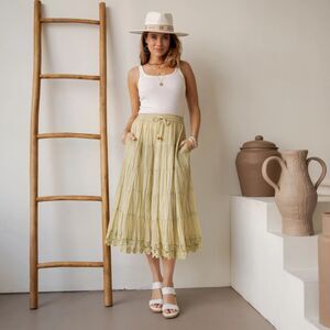 Young Threads Boho Mineral Wash Tiered Midi Skirt with Crochet Lace Hem
